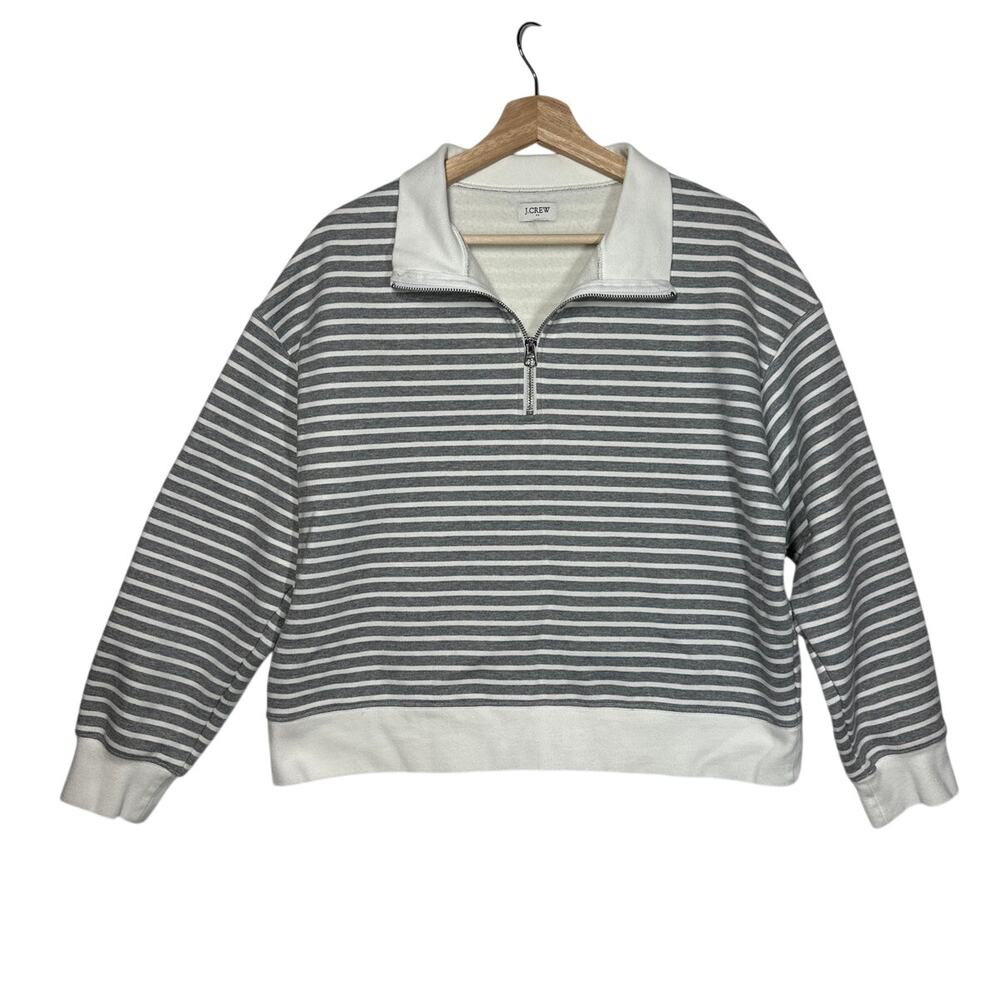 J. Crew Striped 1/2 Zip Sweatshirt CE603 Pullover Casual Cozy Top Gray White XL